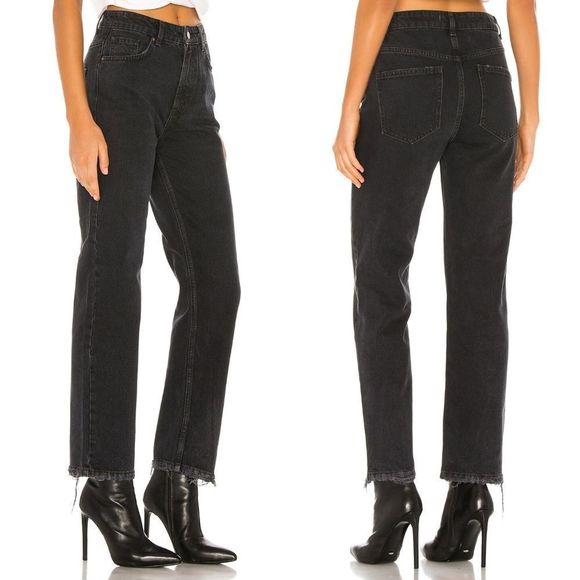 Free People Denim - Free People Dakota Straight Leg Destructed Hem High Rise Pitch Black Denim Jeans